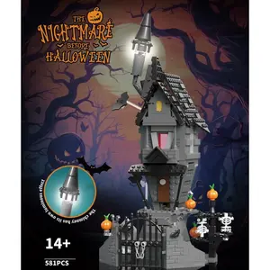 The Nightmare Before Halloween 3D Building Block Horror Haunted House Mini Pumpkin House Ornament DIY Architecture Kit 581PCS Creative Spooky Gift for Craft Lovers with Ornamental Chimney