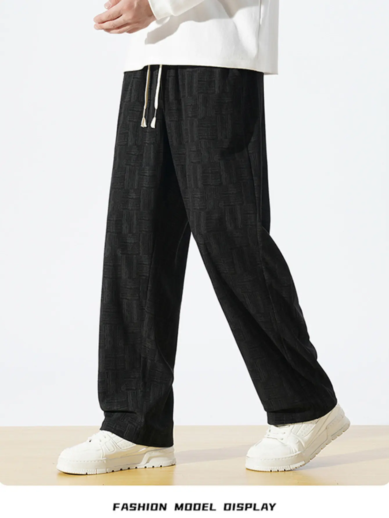 Men’s dark geometric jacquard wide-leg long pants with a drawstring elastic waistband, loose fit, fluid drape, vintage street-style casual trousers