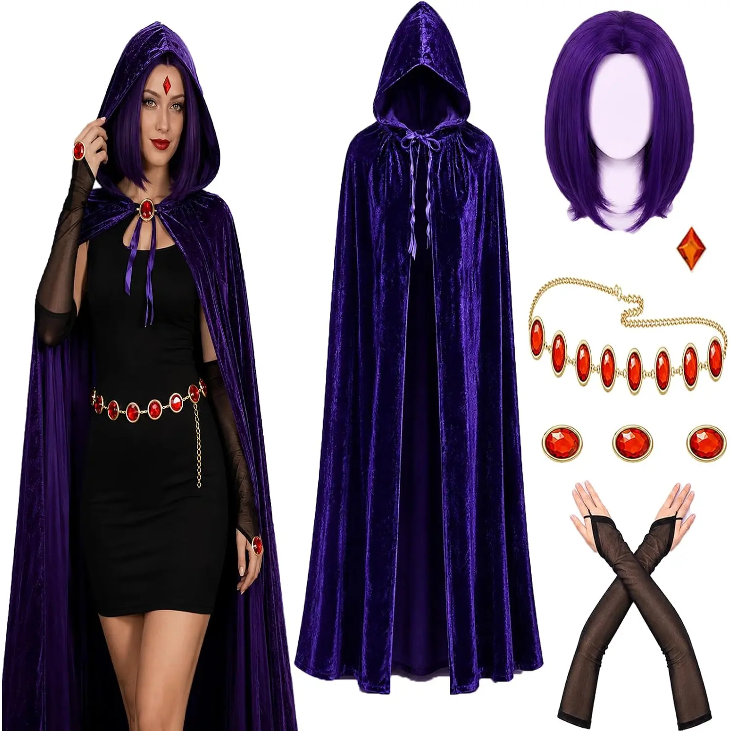 Raven Costume Women Anime Cosplay Purple Hooded Cape Red Stones Waist Belt Wig Gloves Halloween Cosplay