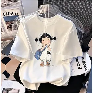 Women's 100% Cotton Oversized Short-Sleeve Graphic T-Shirt, Whimsical Sketch Girl with Backpack Print, Y2K Aesthetic Crew Neck Medium-Length Fabric Top, Casual Streetwear Comfortable Breathable, Round Neck tiktokshopspringglowup,summervibes