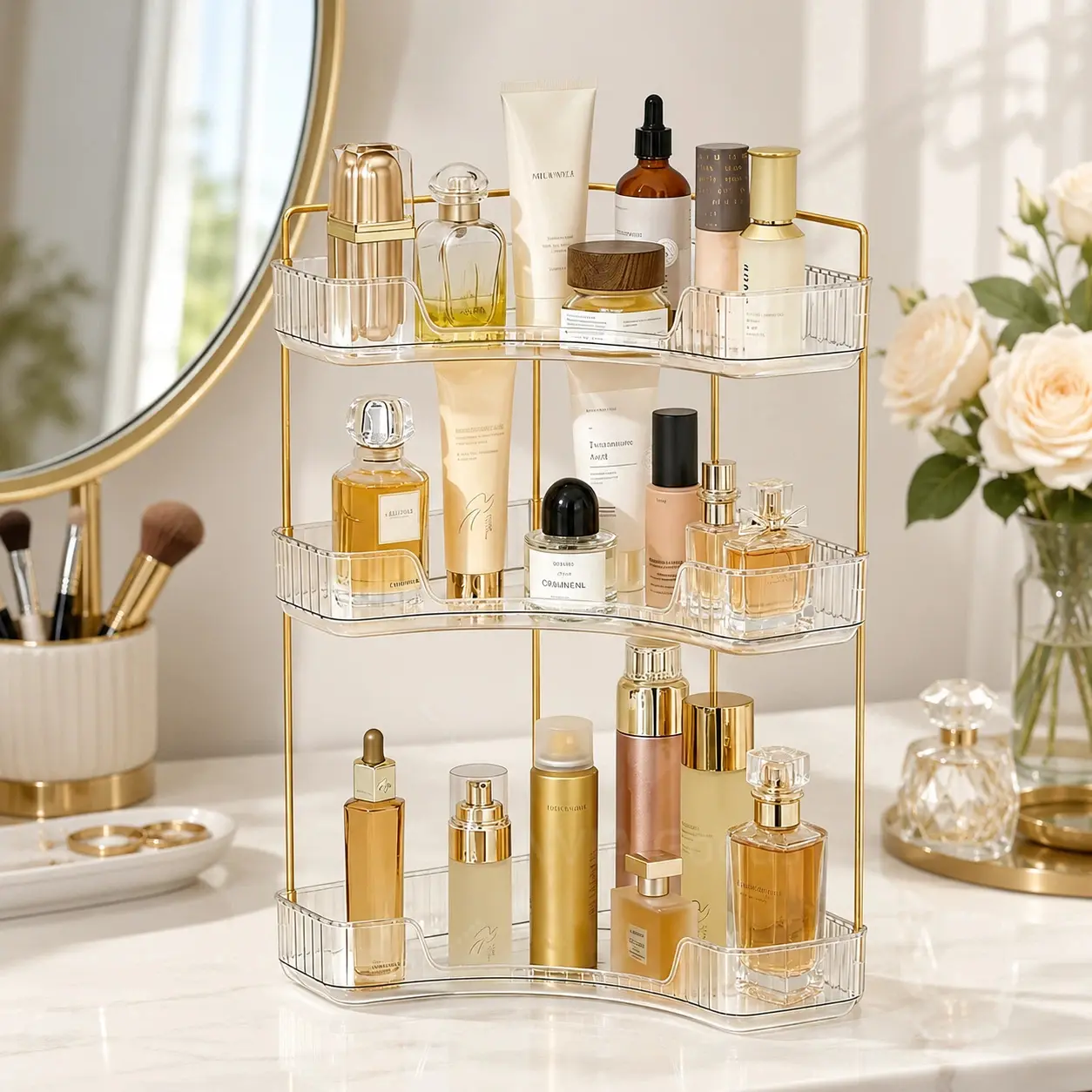 2/3-Tier Corner Bathroom Counter Organizer, Perfume Tray and Vanity Organizer, Multi-Purpose Makeup Cosmetic Storage, Large Corner Storage Organizers for Bathroom Kitchen, Vanity Organizer, Gift for Girlfriend