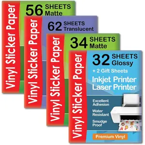 Printable Vinyl Sticker Paper Matte for Inkjet Printer 34 sheets + Vinyl Sticker Paper Glossy 32 sheets + Translucent Clear Sticker Paper 62 sheets + Vinyl Sticker Paper Matte 56 sheets