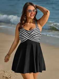 Plus Size Striped Print Swimdress - Twist Front, Bodycon Tunic Length, Full Coverage [M-6X], Tummy Control Plus Size Swimsuits for Beach, 2026 Summer Swimweek Vibes