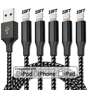 5pcs and 10ft Apple Mfi Certified USB-A to Lightning Durable Cellphone Charging Cable, Compatible with iPhone 14/13/12/11/XR/x/8/7/6/plus/iPad Mini