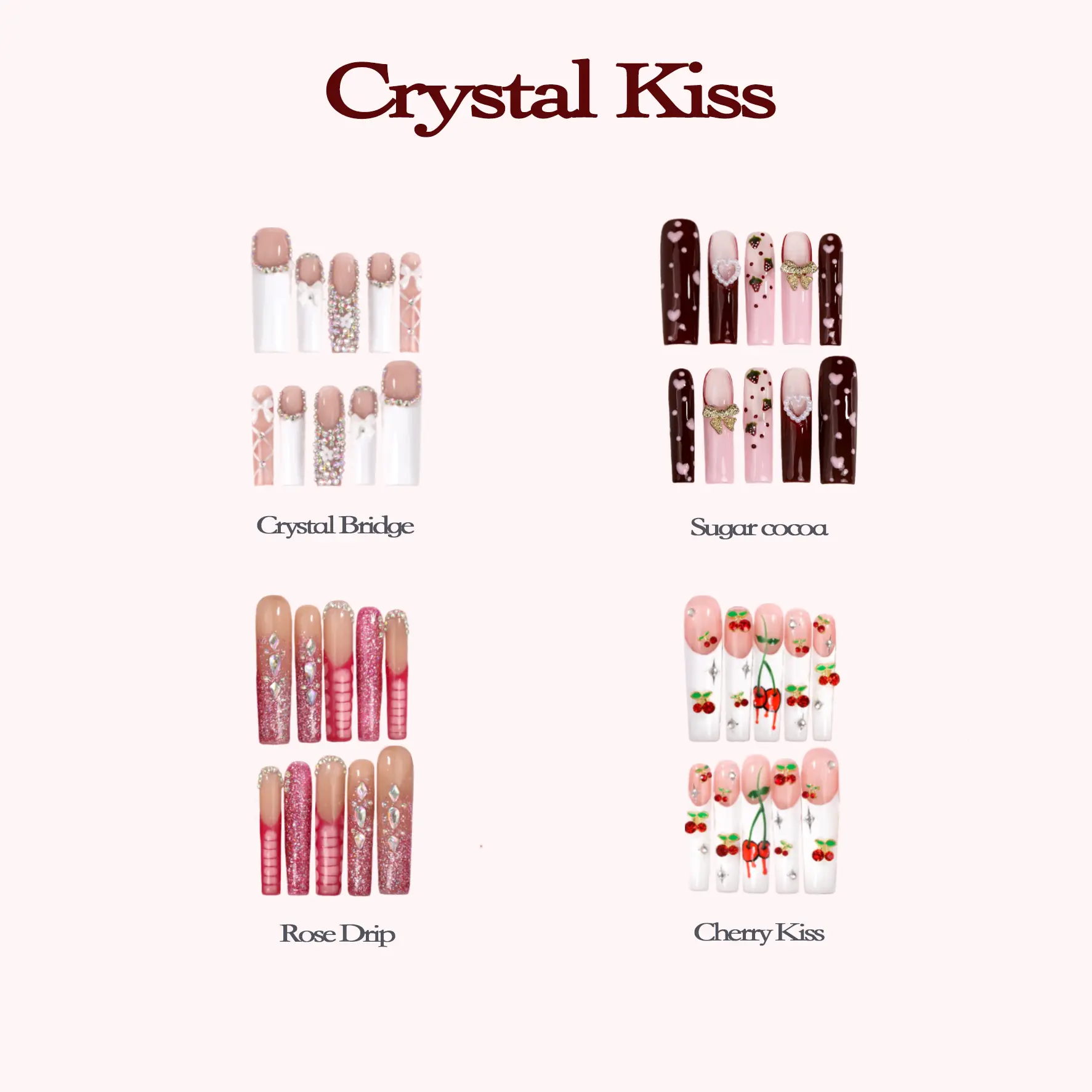 PetaLedge Reusable White & Nude Rhinestone Press-On Nails – Highlighted Long Square 1.69" 3D Bow & Crystal Lace Design, plus Cherry Nails & Pink Glitter Nails and 2.13" Extra Long Square Crystal Press On Nail Sets | Handmade Acrylic Fake Nails