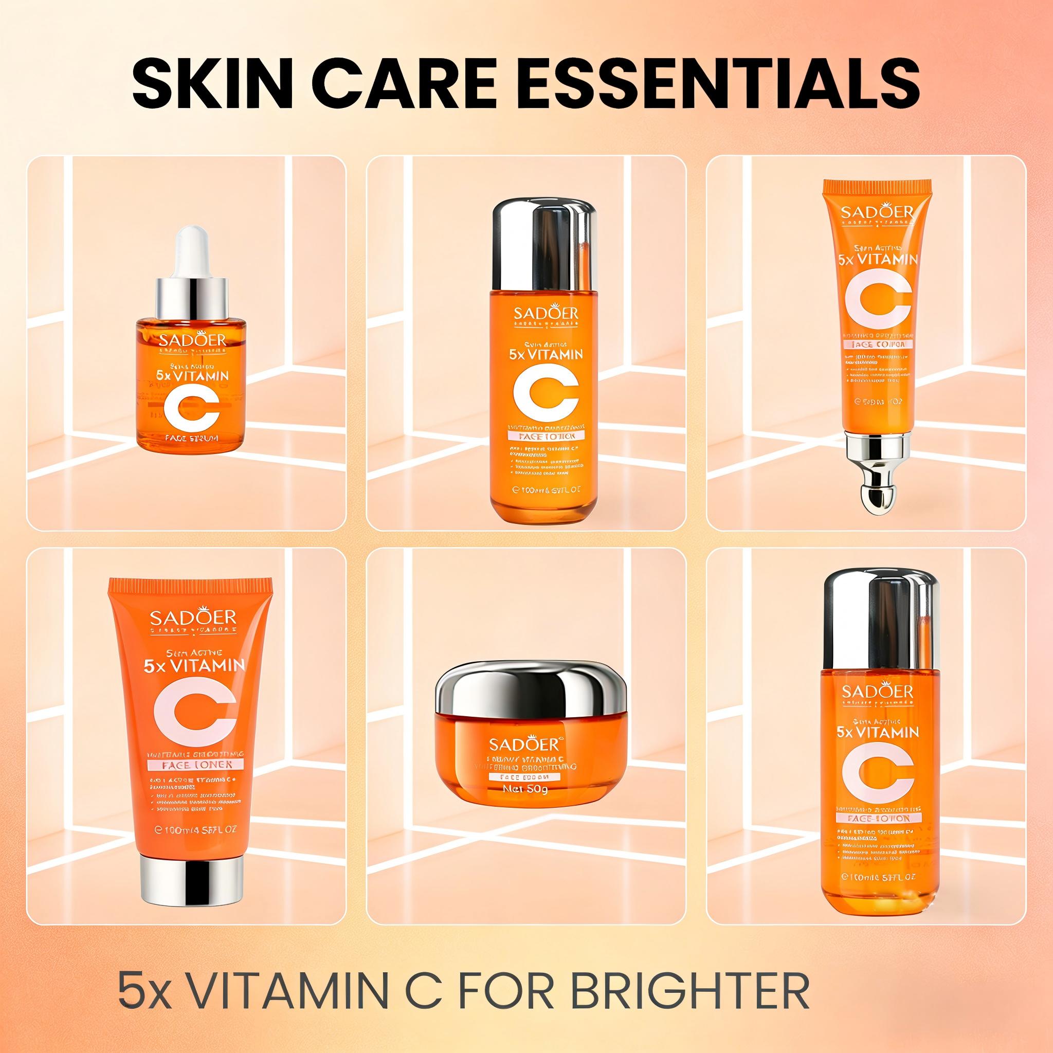 6-Piece Hydrating Skincare Set with Vitamin C , Face Care Kit Includes Toner, Serum, Cleanser, Moisturizer, Eye Cream & Body Lotion | Valentine’s Day Gift for Women