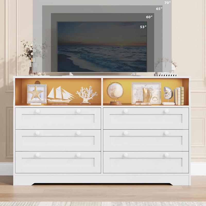 White Dresser for Bedroom Deep Drawers, Wide Wooden Bedroom Dressers with Power Outlet and Led Lights, Large Modern 6 Drawers Dressers and Tv Stand Dresser for Living Room, Hallway