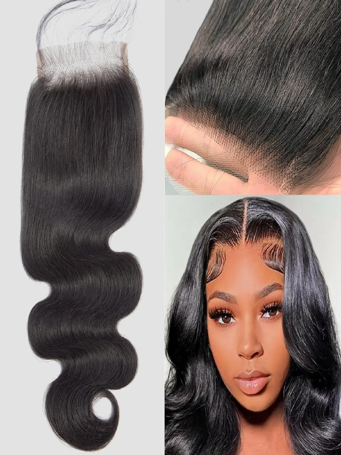 4x4HD Lace Closure Human Hair Body Wave Lace Closure Pre Plucked Brazilian  Human Hair Closure Free Part Hair Extensions Brazilian Real Hair 150% Density Natural Black