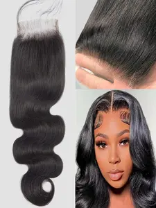 4x4HD Lace Closure Human Hair Body Wave Lace Closure Pre Plucked Brazilian  Human Hair Closure Free Part Hair Extensions  150% Density Natural Black