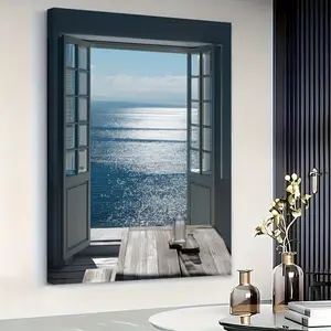 2D flat painting, an exquisite 2D canvas artwork titled "The Fusion of Window and Ocean", made with oil paints, suitable as a poster or wall decoration for the living room, comes with a sturdy wooden frame