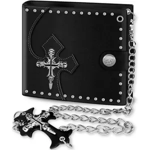 Cross Chain Wallet Leather - Punk Skull Gothic Bifold Halloween Goth Accessories -  Gifts | Unisex