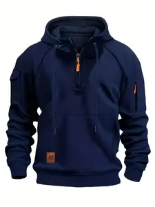 Men's Half-Zip Hoodie Sweatshirt with Kangaroo Pocket, Multi-Pocket Fleece Fabric, Casual Fall & Winter Clothing, Outdoor Activities