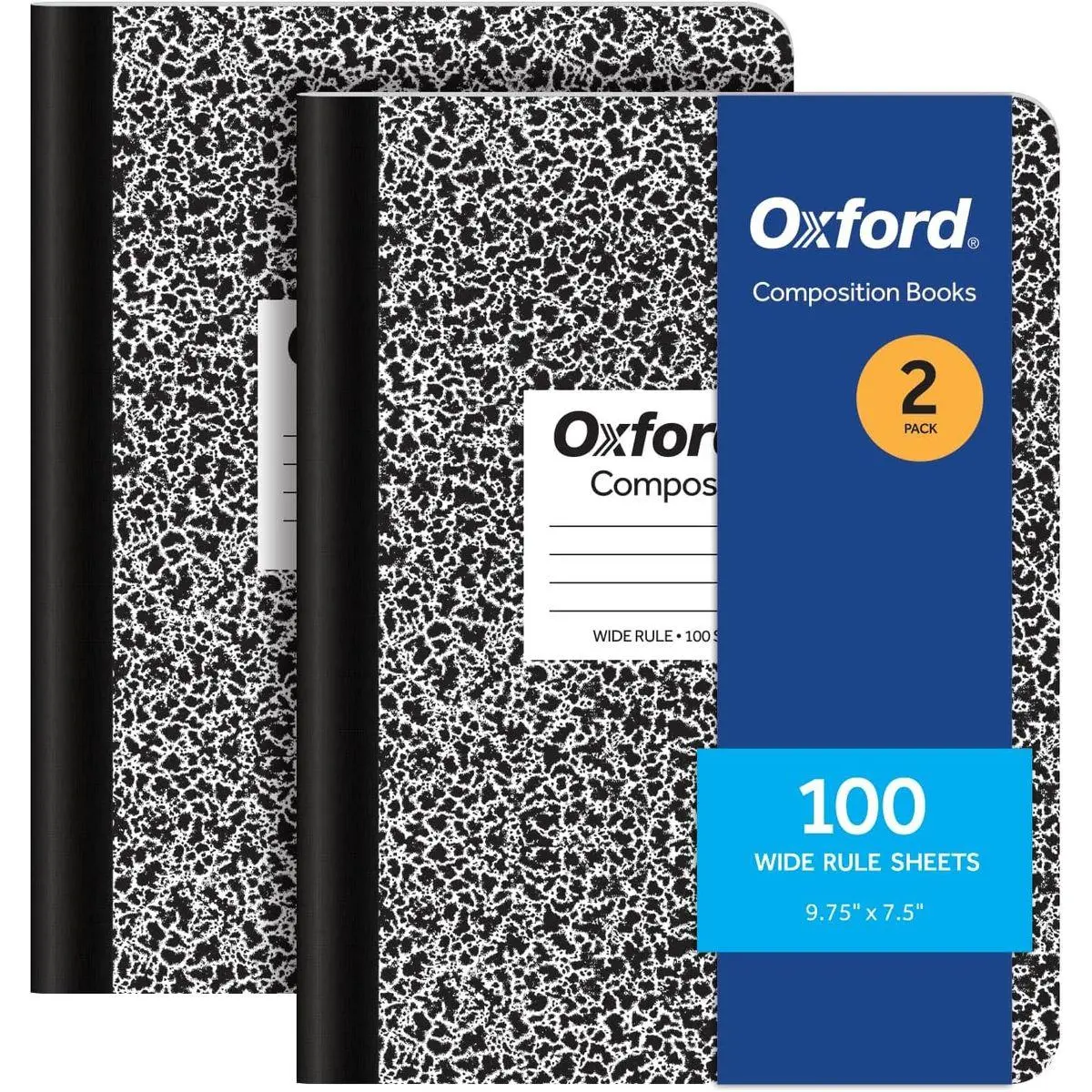 Composition Notebooks, 9-3/4 x 7-1/2 Inch School Journals, Wide Ruled Paper, Black Marble Covers, 100 Sheets per Book, 2 Pack (1002516)