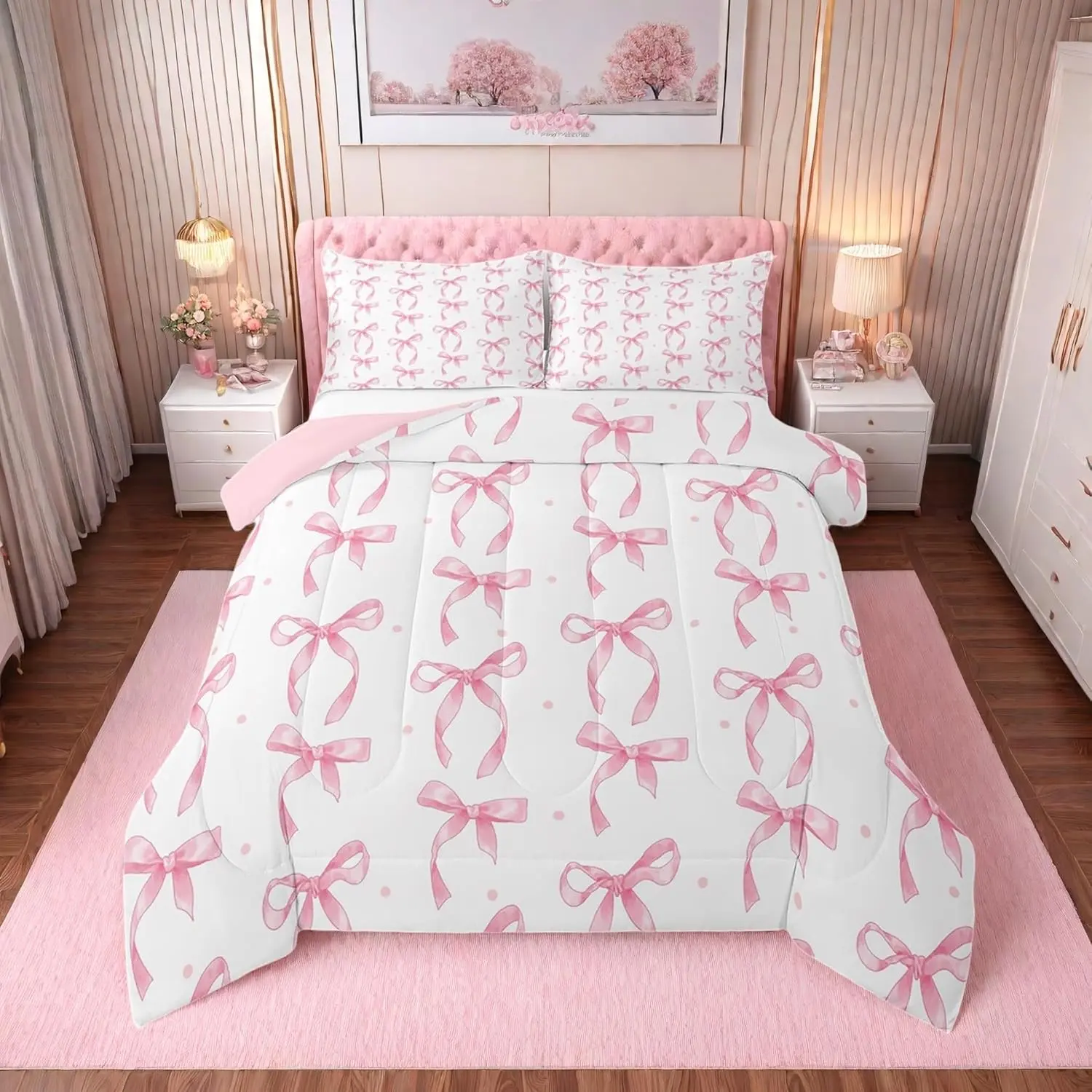 Feelyou Queen Comforter Set - Skin-Friendly Microfiber Bedding with Cute Pink Ribbon Bow Printed Blanket, King Comforter Set Compatible for Girls' Princess Room Decor Essential, Bedding Sets