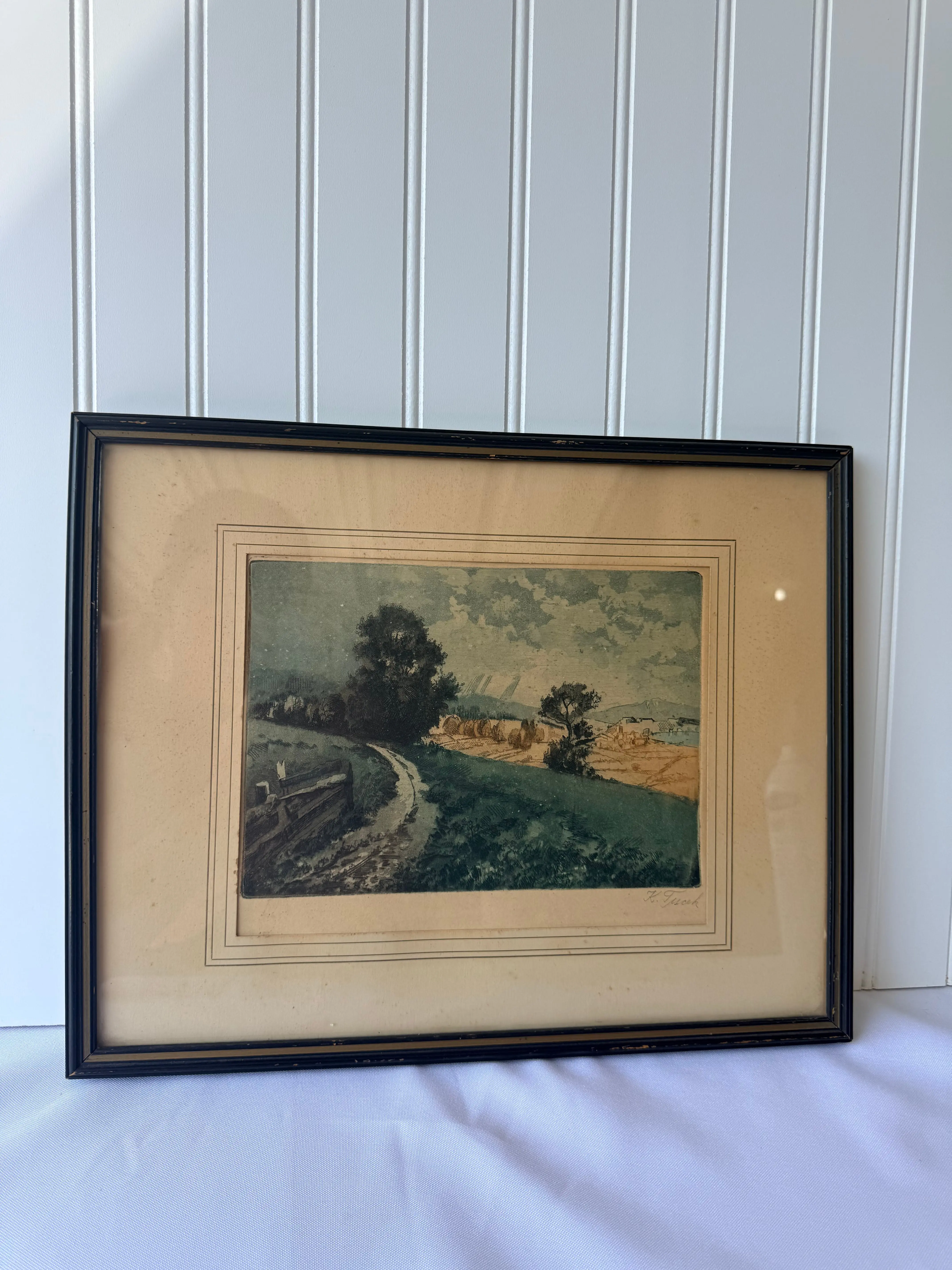 Framed Hand Colored Landscape Etching, 14.75”