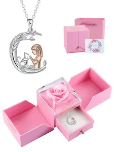 Cat and Girl Pendant Necklace With Rose Jewelry Gift Box, Cute Cat Pet Jewelry Gift for Women, Animal Jewelry for Women Daughter Birthday Gifts