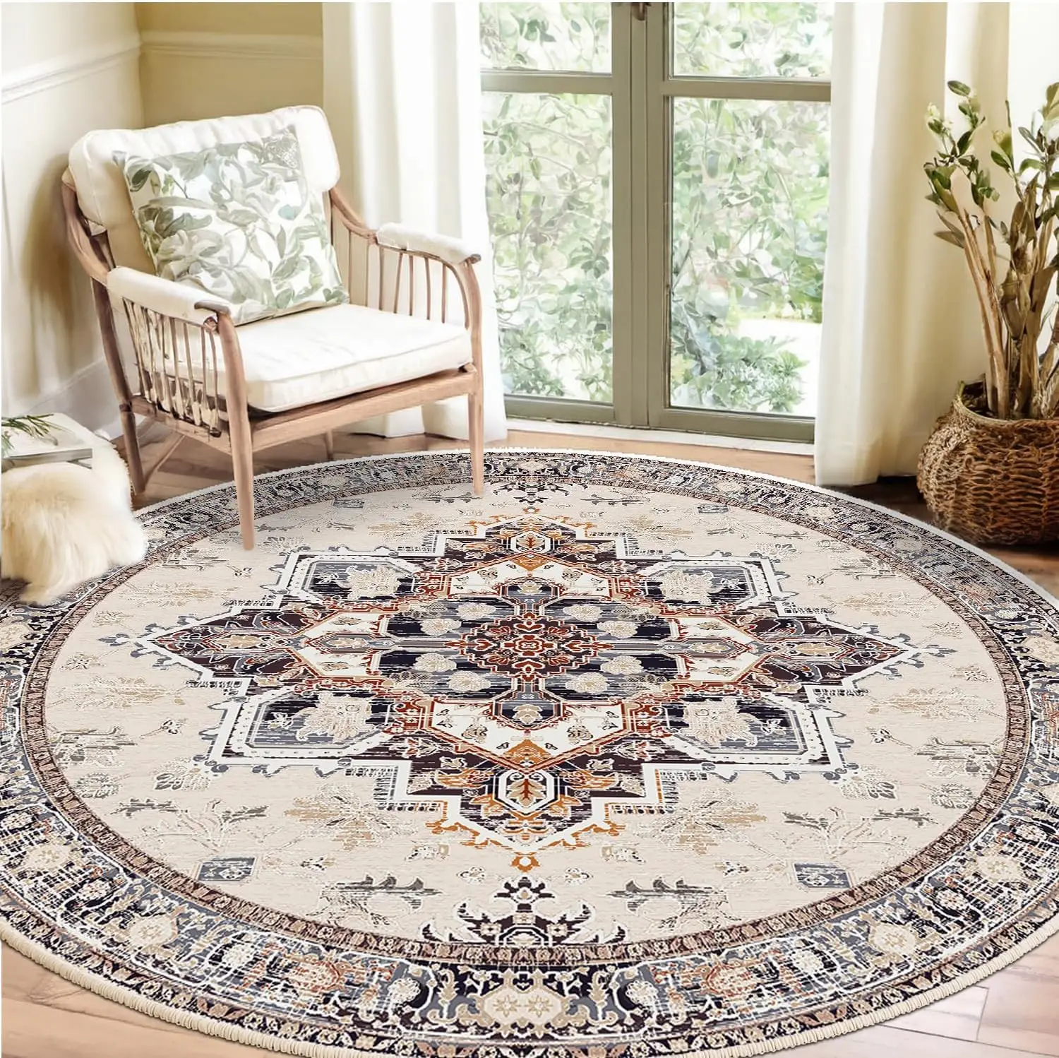 BESTSWEETIE 4ft Round Rugs for Dining Room, Washable 4ft Round Rug, Non Slip Water Repellent Floor Carpet, Low Pile Soft Vintage Rug for Bedroom Kitch