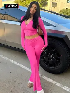 Women's Solid Zip Up Hooded Crop Tight Hoodie & High Waist Flare Leg Pants Set, Casual Long Sleeve Top & Bell Bottom Trousers, Ladies Spring & Fall Clothes Womenswear