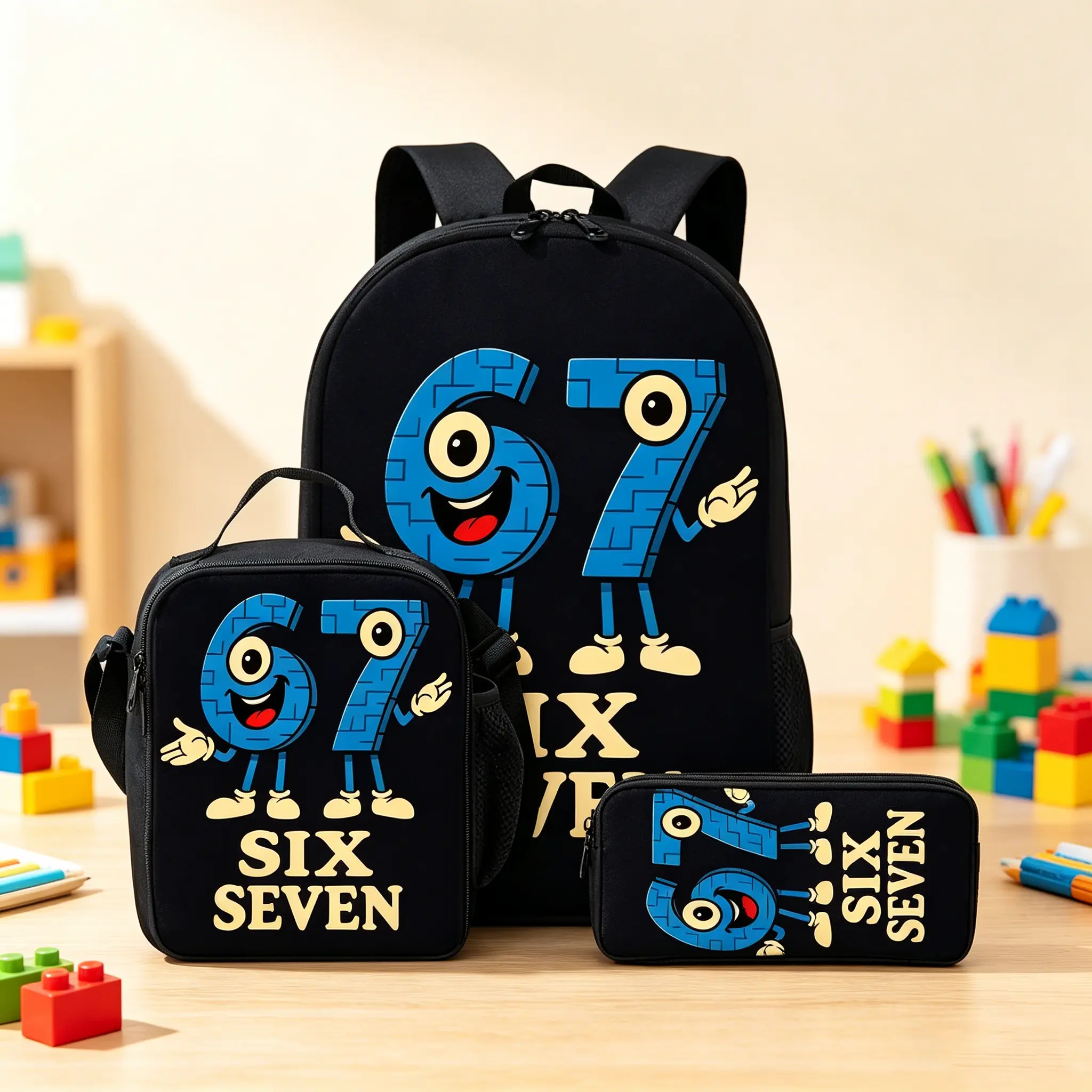 Digital 67 Cartoon Printed 3-in-1 School Backpack Set, Cute School Bag Bundle with Lunch Tote and Pencil Pouch for Daily Student Use