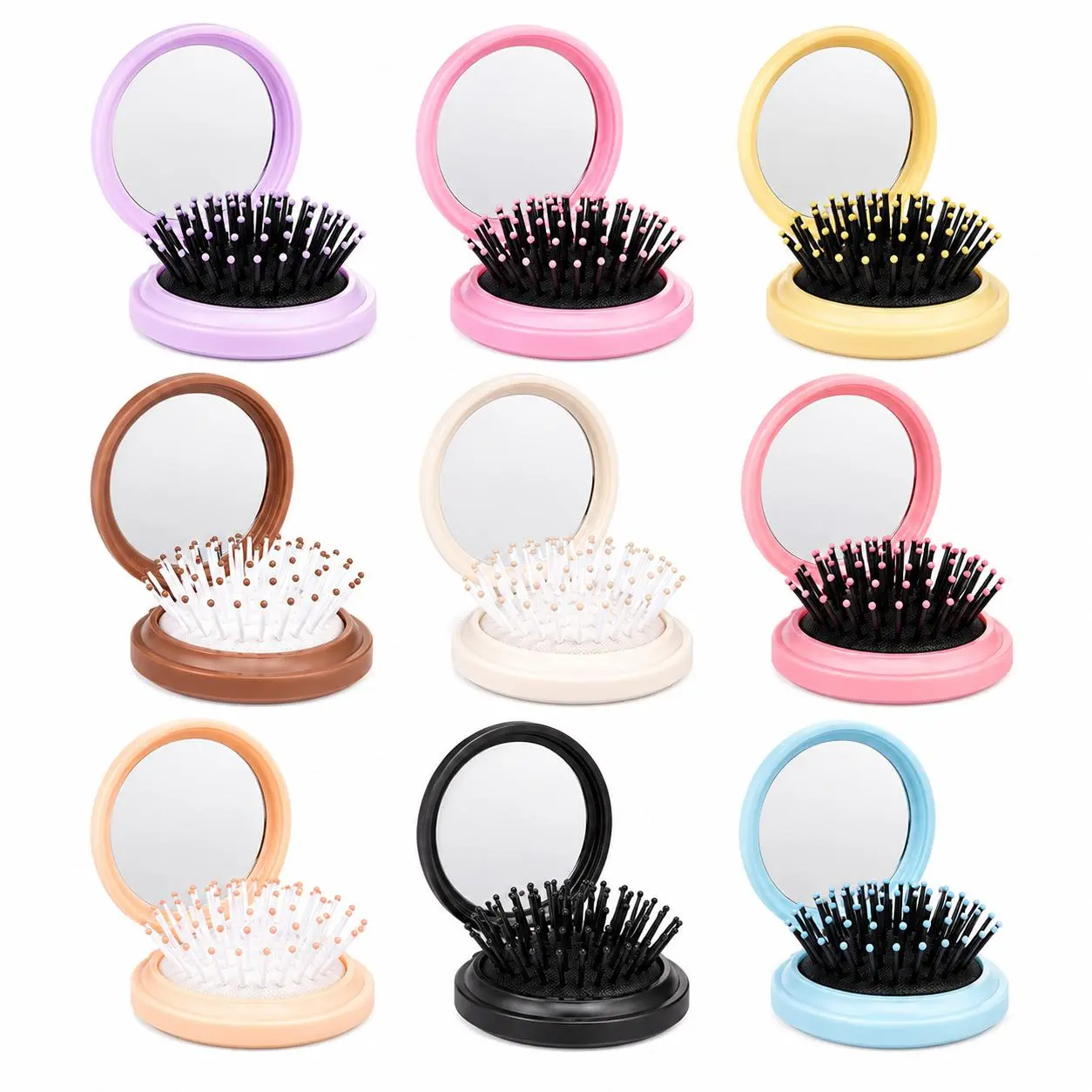 9 Pack Foldable Travel Hair Brush Set with Built-In Mirror, Mini Pocket Hair Brushes, Compact Portable Hair Comb for Men, Women & Travel Use