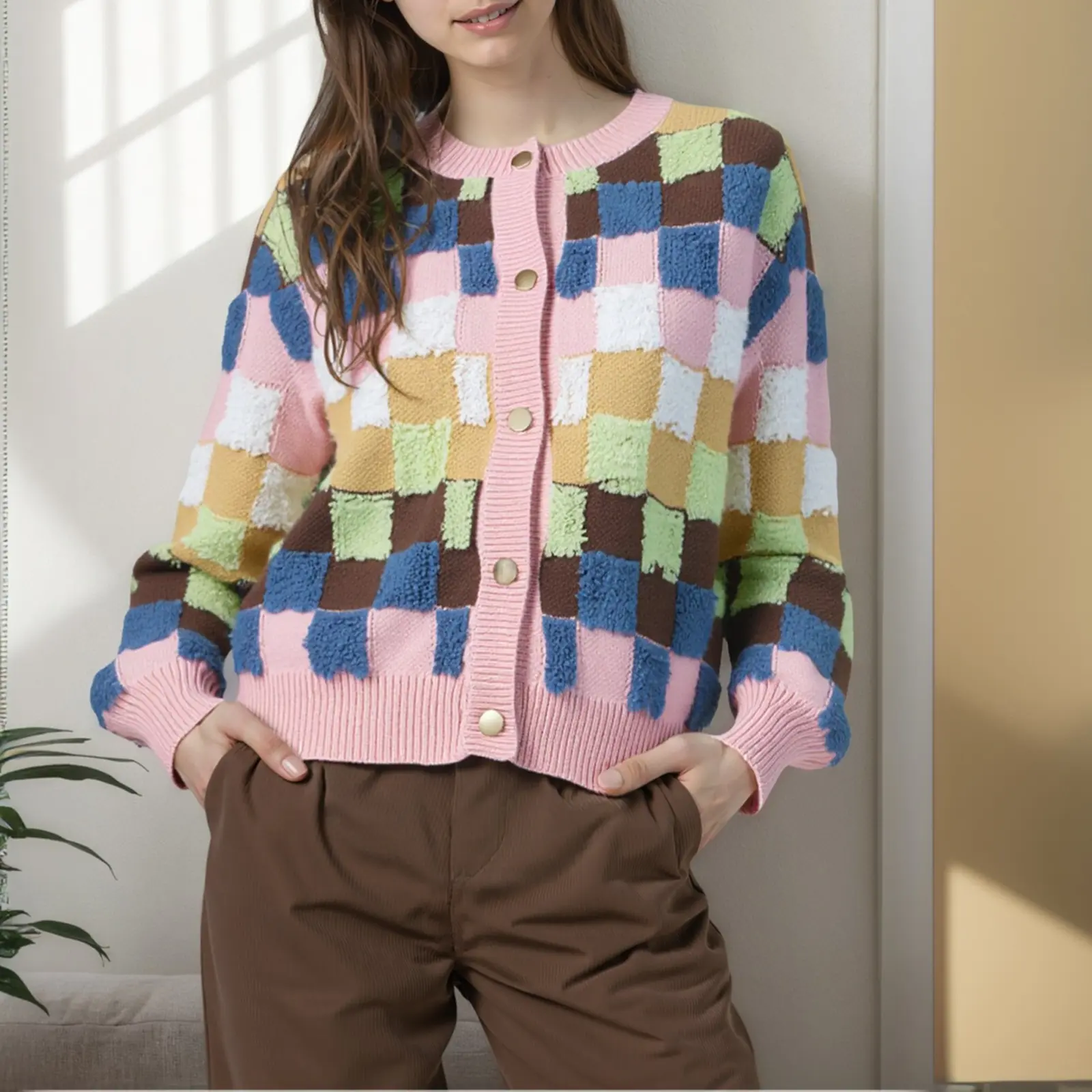 Women's Plush Checkered Pattern Button Front Cardigan Sweater