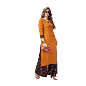 Taste-5 Mustard & Floral Rayon Kurti with Palazzo Set - Elegant Mustard Yellow Kurti with Floral Accents & Matching Palazzo for Versatile Wear