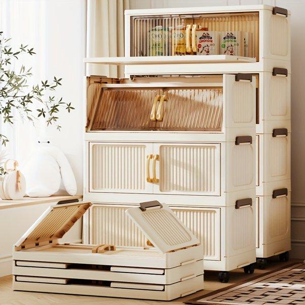 Stackable Plastic Storage Box with Lid Foldable Design with Wheels Multi Level Storage Container for Wardrobe Bathroom Home Office Dorm Space Saving Durable