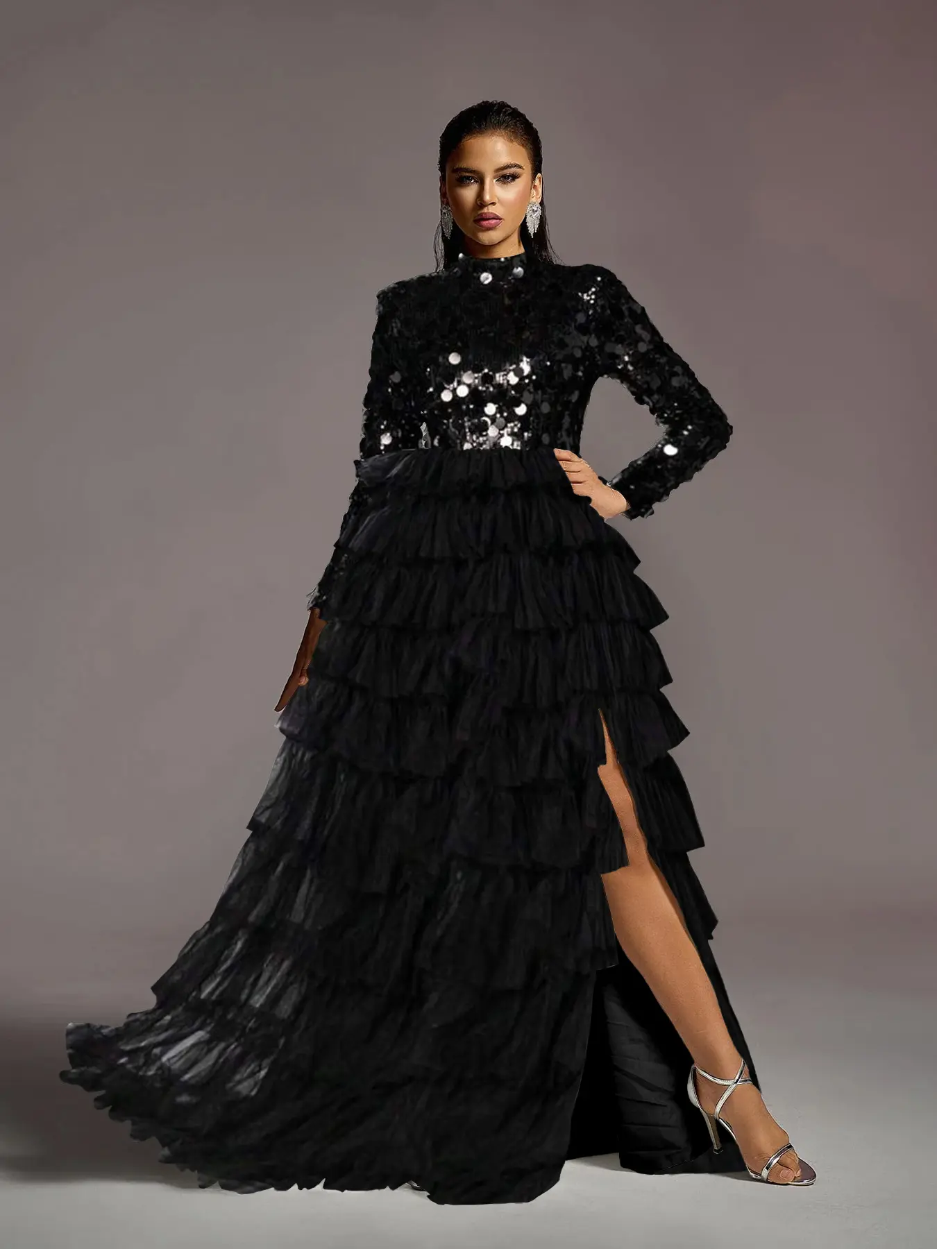 Women's Couture Sequined Formal Gown - Patchwork High-Neck, Long Sleeves, Layered Tulle Skirt with Zipper, Sparkly Formal Dress for Going Out, Anniversary Evening Events