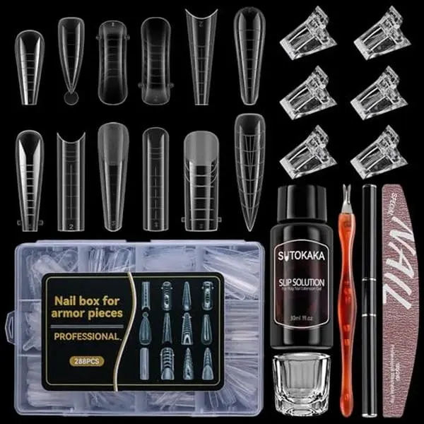 SUTOKAKA 288Pcs Polygel Nail Form Kit 12 Style 12 Sizes Reusable Nail Extension Mold Dual Forms with 6Pcs Nail Clips, Nail Slip Solution, Brush Pen, Nail File & Cuticle Pusher for Beginners