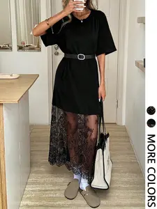 Solid Color Crew Neck Short Sleeve Loose Casual Basic Lace Dress, Suitable For Outings And Commuting Airport Outfit Women Old Money Dress Going Out Dress Teacher Outfits Dresses For Women Elegant (Belt Not Included)