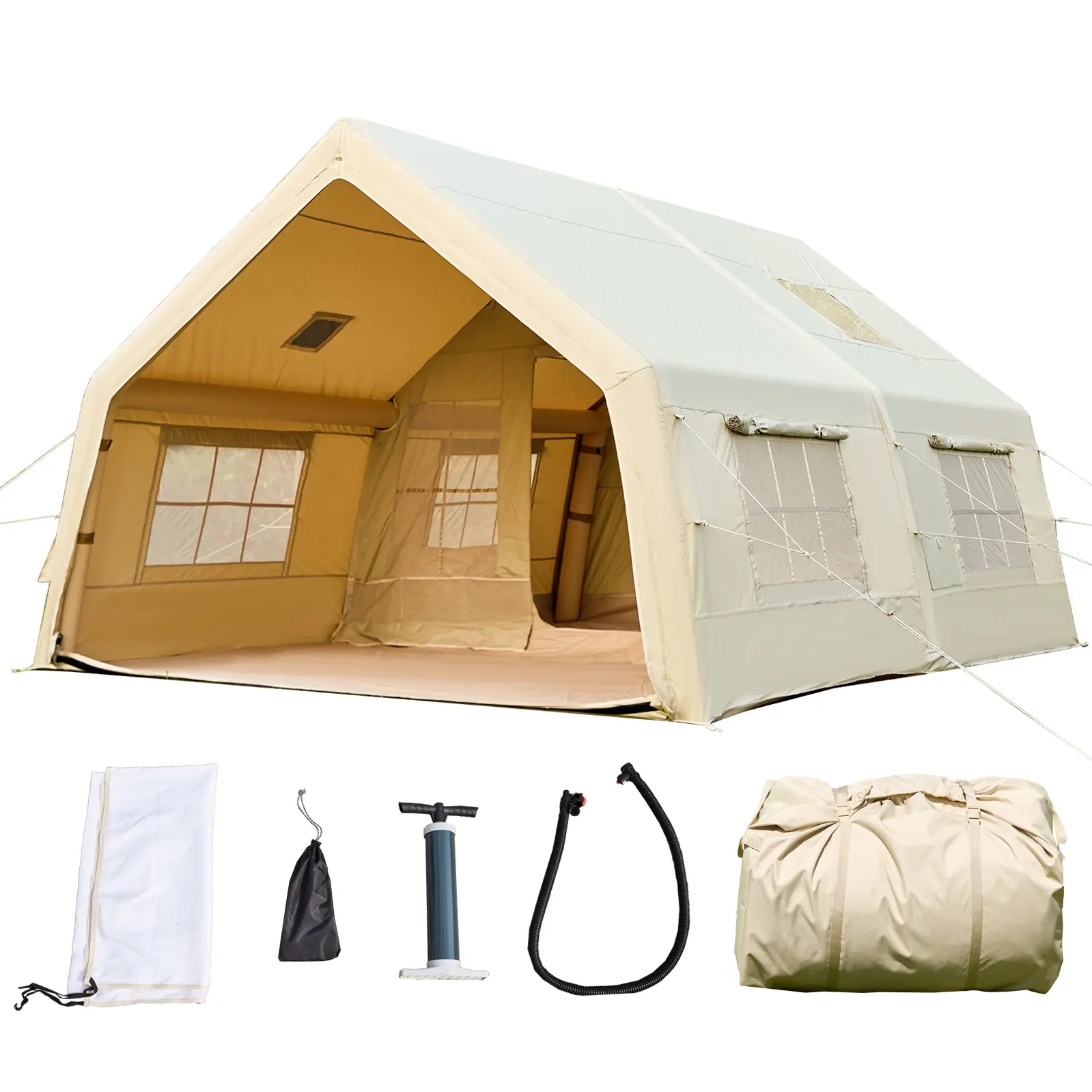 YOLENY 10-12 Person Extra Large Inflatable Camping Tent - 600D Oxford, Windproof &, Easy Setup with Movie Screen, Pump, Stove Jack, 4-Season Use, Beige, Inflatable Camping Tent, Outdoor Shelter, Modern Tent Design, Durable Tent Fabric