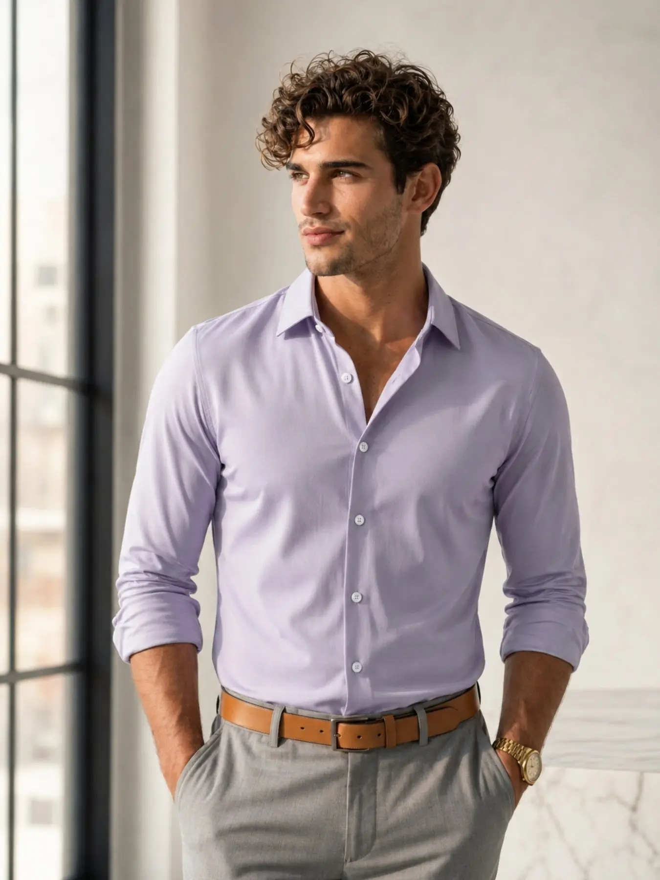 Men's Light Purple Formal Dress Shirt | Minimalist Slim Fit Long Sleeve Button Down | Business Casual Office & Date Night Shirt | Classic Collared Shirts