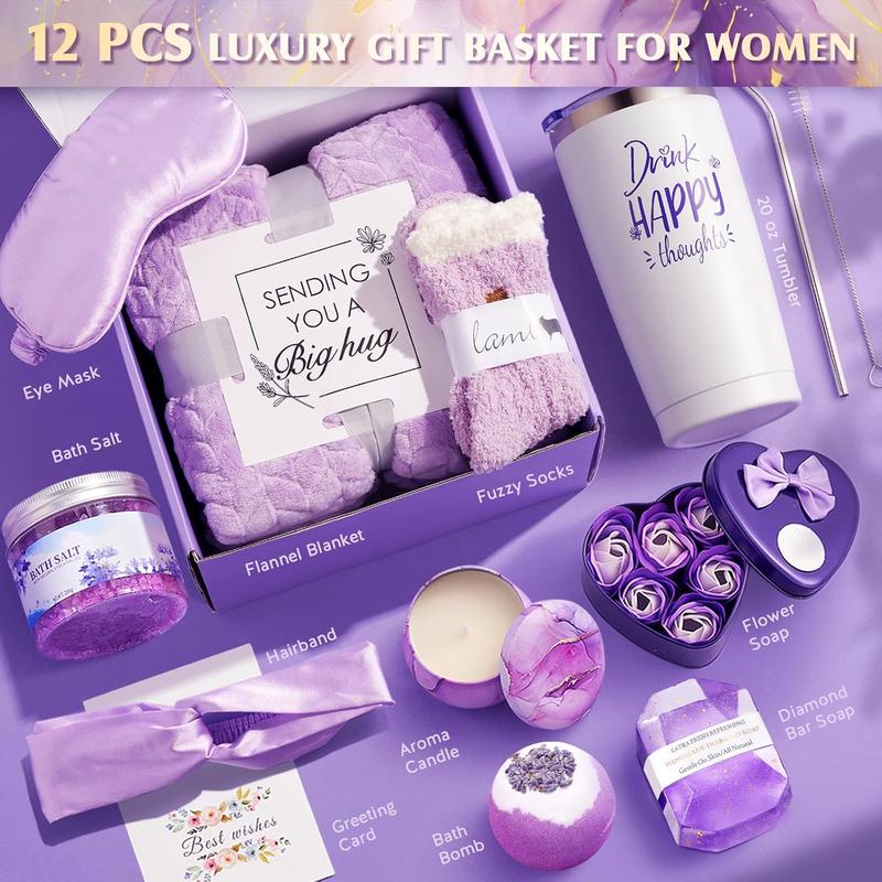 Christmas  for Women, 12 count Get Well Gifts for Her,   Basket for Mom, Wife, Girlfriend, , Purple Happy Birthday Gifts Set, Thank You  Relaxing Self Care Gifts - Lavender