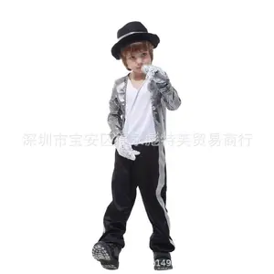 Kids Boys 80s Costume Michael Cosplay Hip Hop Stage Outfits with Matched Hat Gloves Colorblock Letter