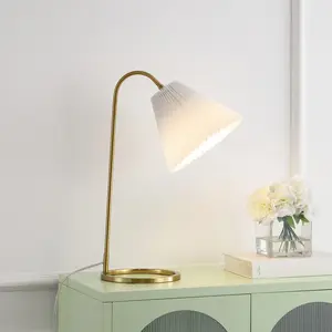 JONATHAN Y Callie Modern Glam Metal Arc Adjustable Head LED Table Lamp with Pleated Shade , for bedroom, living room, foyer, hallways, dining room, dorms
