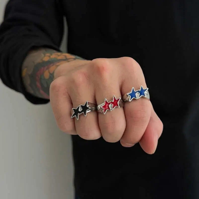 Vintage Black Drip Oil Pentagram Star Open Rings for Women Men Hip Hop Rock Metal Star Adjustable Couple Rings Jewelry