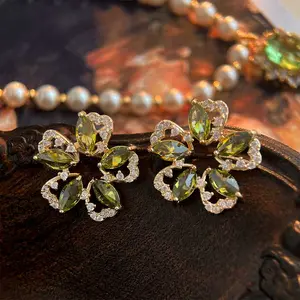 Green Zirconia Flower Stud Earrings for Women, 14K Gold Plated Brass Emerald Style Earrings, Victorian Royal Court Luxury Jewelry, Hypoallergenic Floral Gift, 2x2cm