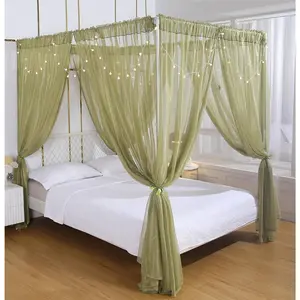 for Girls Room Bed Curtains Sheer for Twin Full Queen Size Bed Drapes,8 Panels Canopies with Light,Room(King,Sage Green)