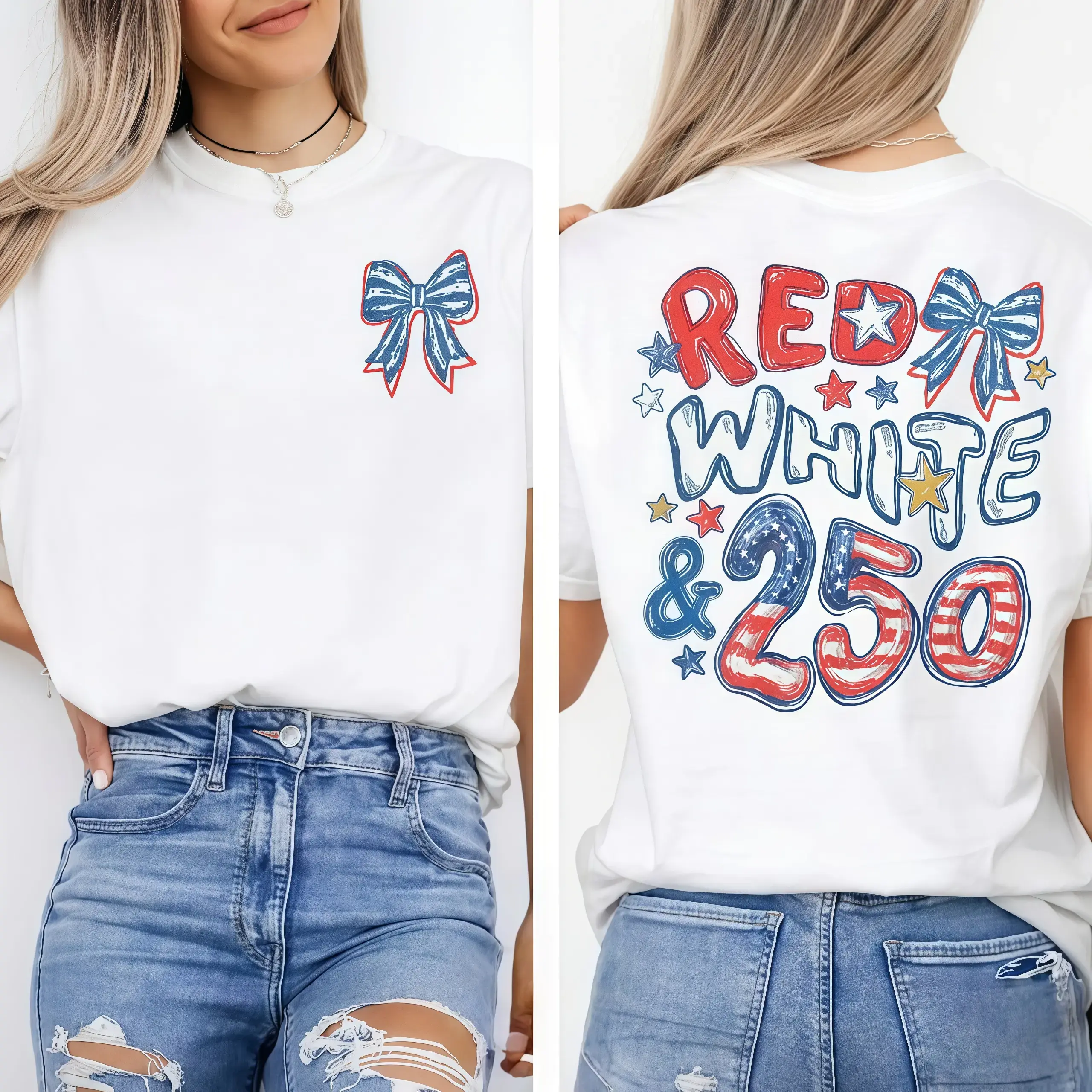 Women's Red White & 250 Graphic T-Shirt, Cotton Round Neck Crewneck, Loose Fit Stylish Sleeves Top, Front & Back Print, Casual Streetwear