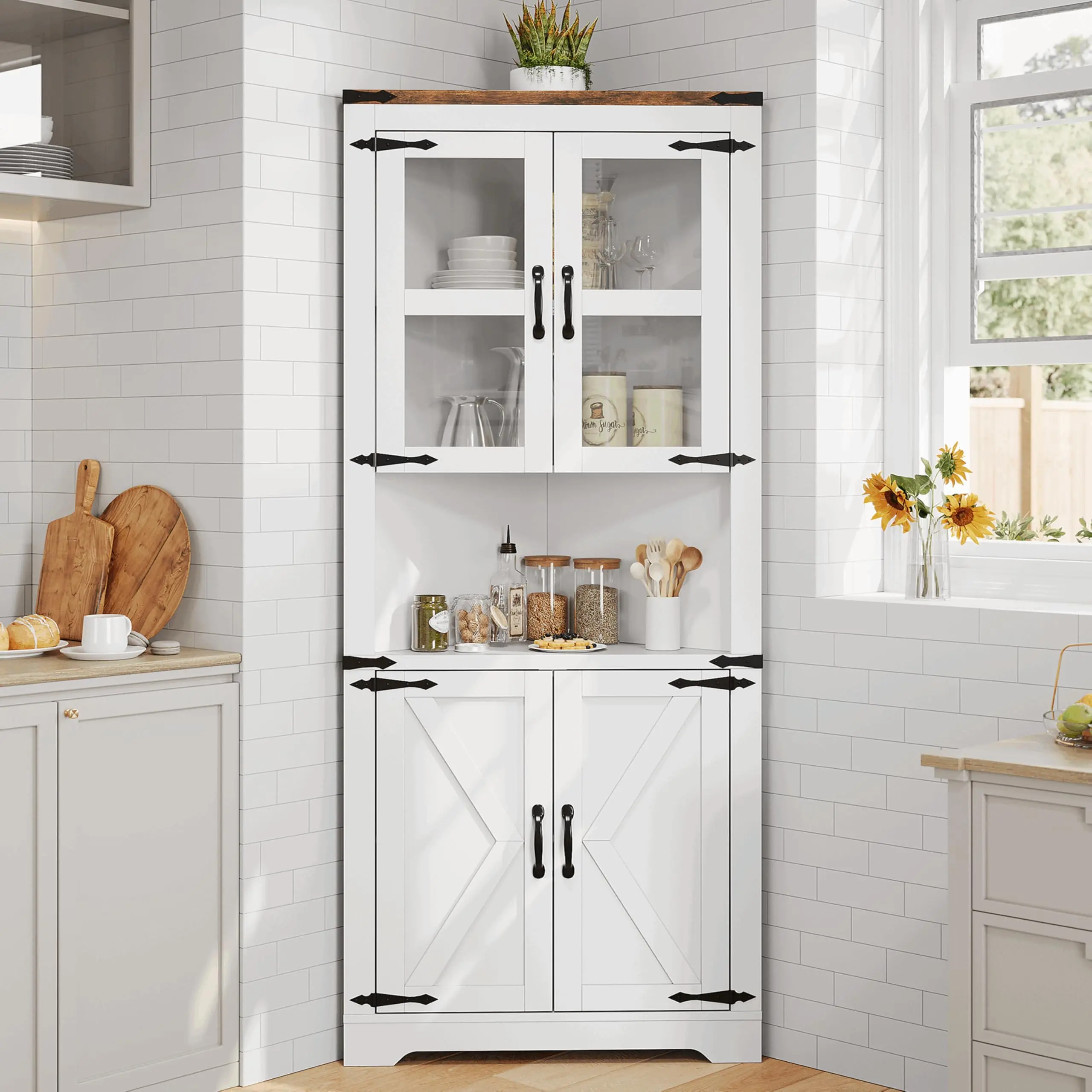 GARVEE Farmhouse Tall Corner Cabinet with Glass Doors, Adjustable Shelves, Sturdy Base, Space-Saving Corner Shape Storage for Living Room, Kitchen