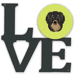 212 MAIN Artistic Checkered Print Wall Decor - Longhair Black & Tan Dachshund on Lime Green Checkerboard, 11.5x11.75in Aluminium Circle Metal Print with Hanging Holes for Home Decoration