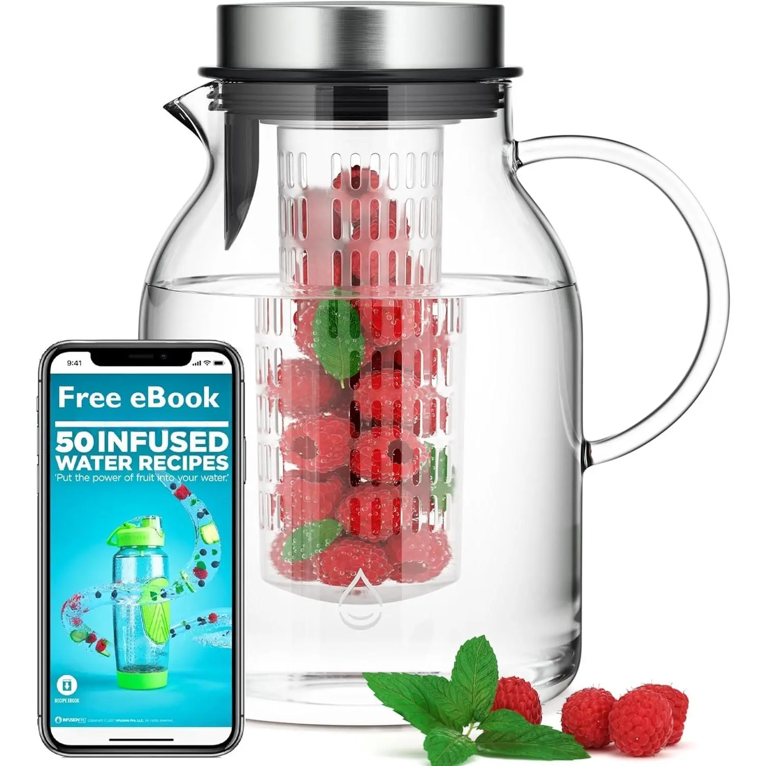 Glass Fruit Infuser Water Pitcher, Heat Resistant for Hot/Cold Use,  Iced  Pitcher | Tranquil Collection, 2 Qt