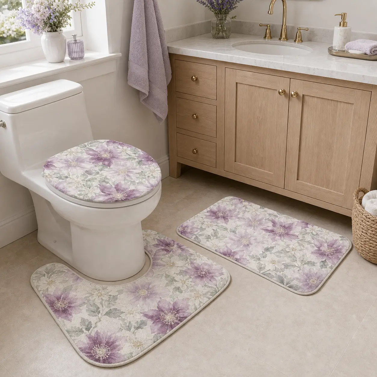 3-Piece Purple Clematis Flowers Bathroom Rug Set - Lavender Watercolor Design, Bath Mat, U-Shaped Toilet Rug, Lid Cover, Soft Absorbent Non-Slip Machine Washable, Customizable, Home Supplies for Bathroom Decor, Mother's Day Gift, Floral Print