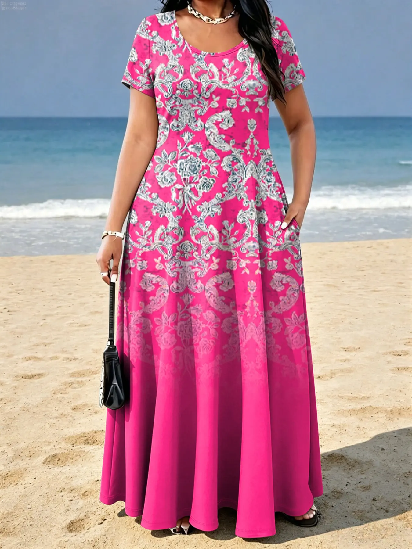 Plus Size Women's Summer New Elegant Boho Floral Print Casual Long Dress, Beach Style Long Skirt with Pockets, Fashionable Ladies' Clothing Casual Boho Chic