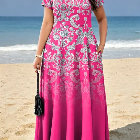 Plus Size Women's Summer New Elegant Boho Floral Print Casual Long Dress, Beach Style Long Skirt with Pockets, Fashionable Ladies' Clothing Casual Boho Chic