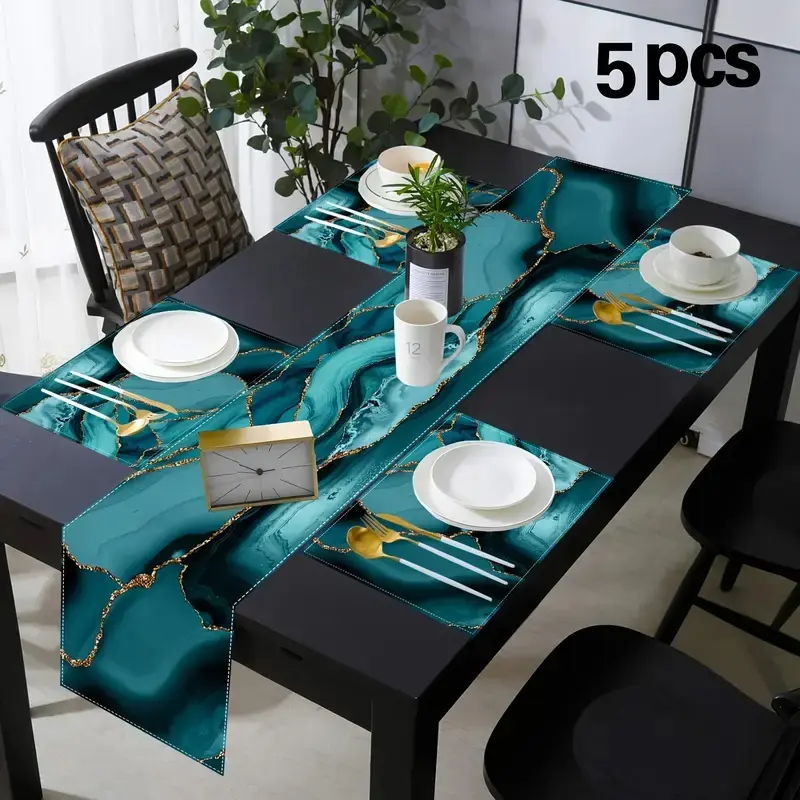Marble Style Dining Mat Set, Heat Resistant Non-Slip Jute Table Mats, Home Kitchen Decorative Placemat, Table Placemats, Abstract Blue Turquoise Gold Colors, Restaurant Party Kitchen Decor