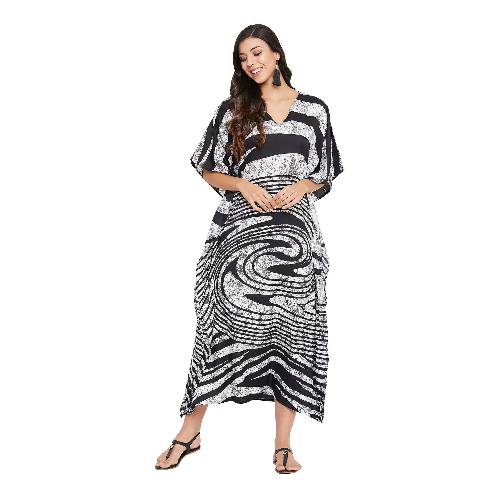 Gypsie Blu Women s Stylish Kaftan Polyester Abstract Printed Yellow  Soft & Comfortable Kimono Sleeve Home Wear Maxi One Size Fits Most