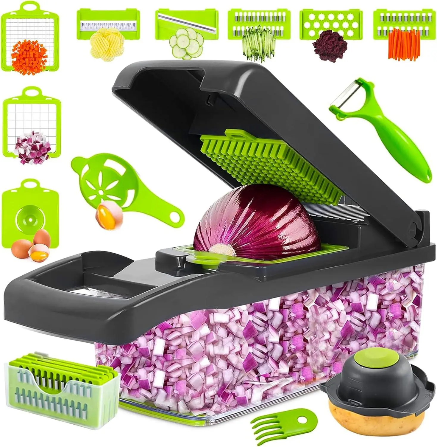 16 in 1 Vegetable Chopper Mandoline Slicer with Food Container, Multifunctional Food Processor Kitchen Tool for Vegetable Cutting, Dicing, Slicing, Shredding, Onion Mincing and Meal Preparation