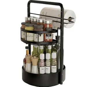 360-Degree Rotatable Metal 2-Tier Lazy Susan Turntable – Kitchen Countertop/Cabinet Organizer with Paper Towel Holder, Spice Jar, Condiment & Dish Drying Storage Rack