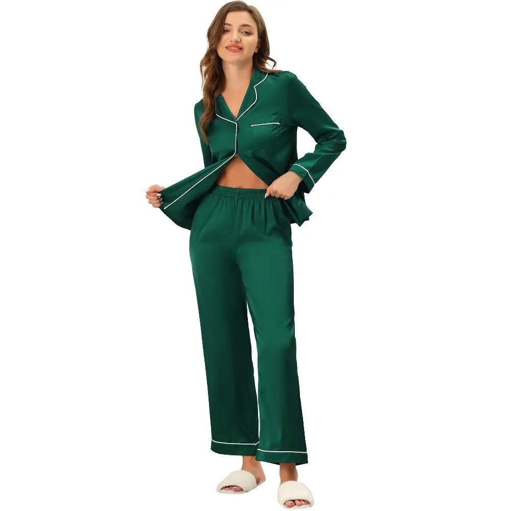 CHEIBEAR Women's Satin Pajama Set, Lightweight Long Sleeve Button-Down Loungewear with Contrast Trim, Cozy Nightie for Sleep and Party